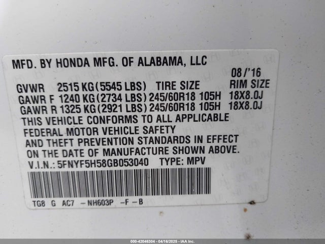 5FNYF5H58GB053040 Honda Pilot Ex-l