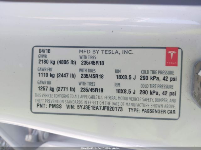 5YJ3E1EA7JF020173 Tesla Model 3 Long Range/mid Range
