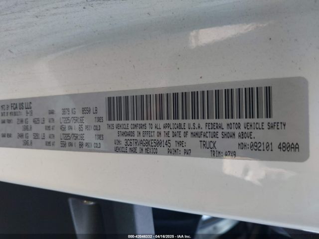 3C6TRVAG8KE500145 RAM Promaster 1500 Low Roof 136 Wb