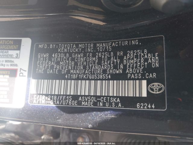 4T1BF1FK7GU538554 Toyota CAMRY SE