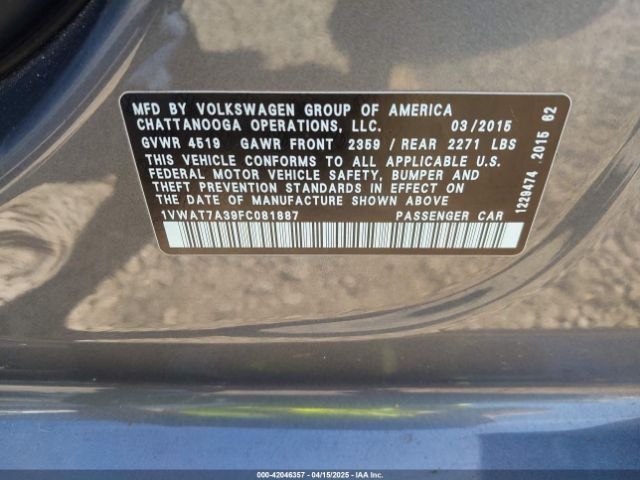 1VWAT7A39FC081887 Volkswagen Passat 1.8t Wolfsburg Edition