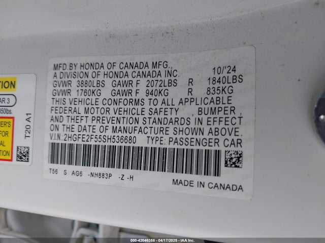 Honda k20c9 2025 2HGFE2F55SH536680 Image 9