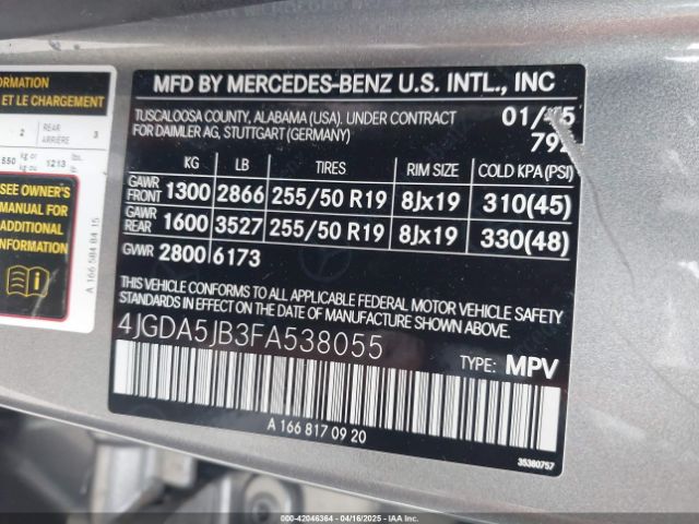 4JGDA5JB3FA538055 Mercedes-Benz ML 350