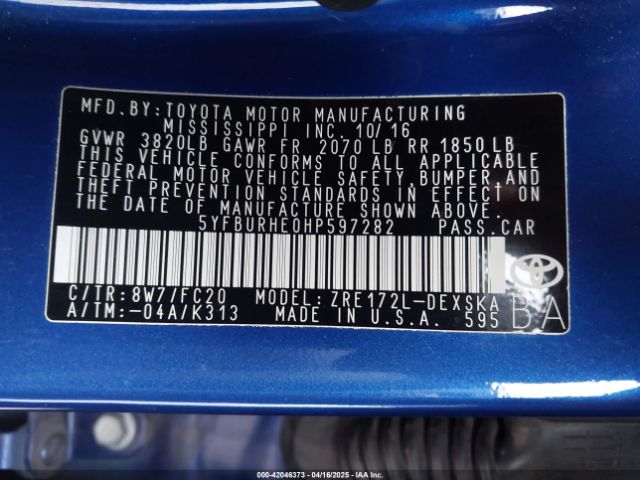 5YFBURHE0HP597282 Toyota COROLLA SE