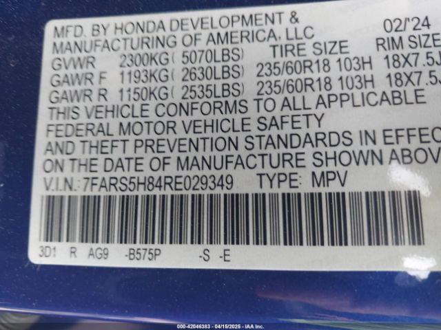 7FARS5H84RE029349 Honda Cr-v Hybrid Sport-l