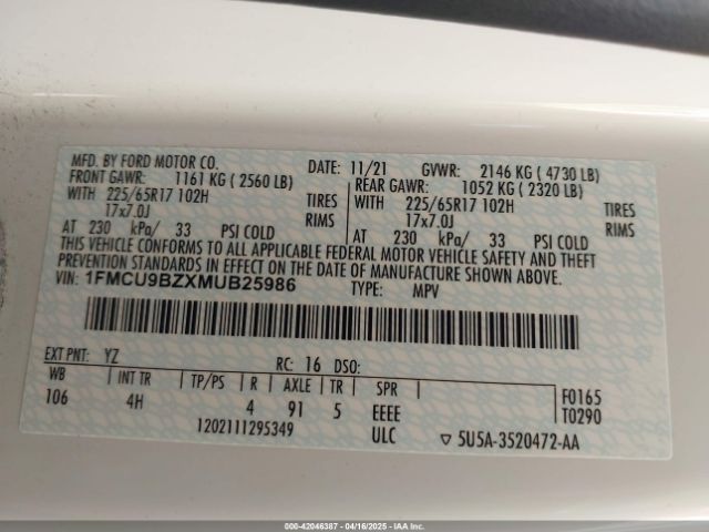 1FMCU9BZXMUB25986 Ford Escape Se Hybrid