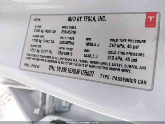 5YJ3E1EA5JF155507 Tesla MODEL 3