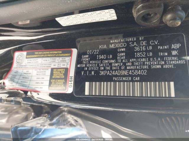 3KPA24AD9NE458402 KIA RIO S