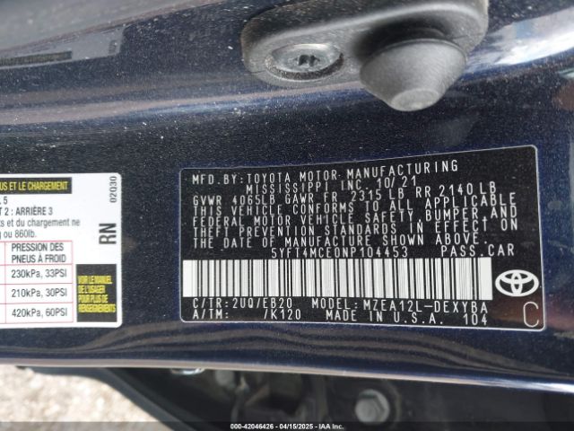 5YFT4MCE0NP104453 Toyota Corolla Xse