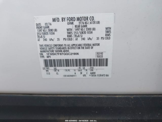 1FM5K7F87GGC21906 Ford Explorer Limited