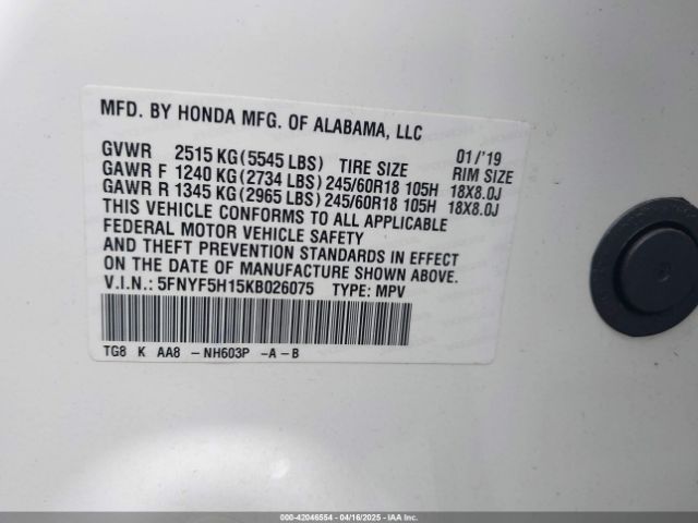 5FNYF5H15KB026075 Honda PILOT LX