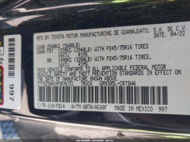 3TYSZ5AN1NT076731 Toyota Tacoma Sr V6