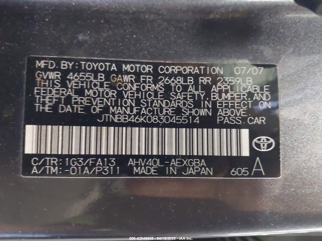 42046608 :رقم المزاد ، JTNBB46K083045514 vin ، 2008 Toyota Camry Hybrid مزاد بيع