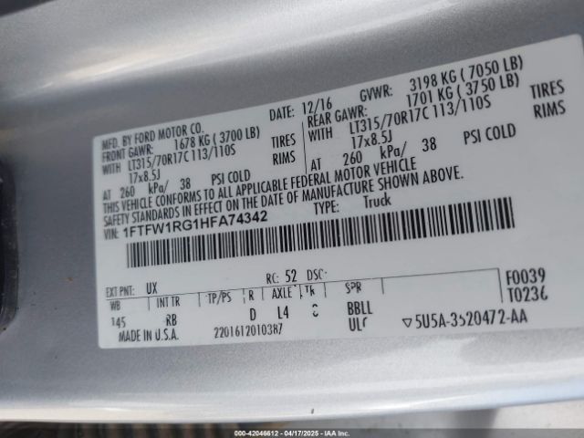 1FTFW1RG1HFA74342 Ford F-150 Raptor
