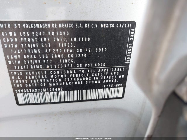 3VV3B7AX7JM126402 Volkswagen Tiguan 2.0t Se/2.0t Sel