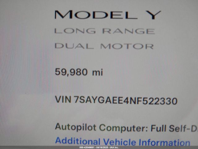 7SAYGAEE4NF522330 Tesla Model Y Long Range Dual Motor All-wheel Drive