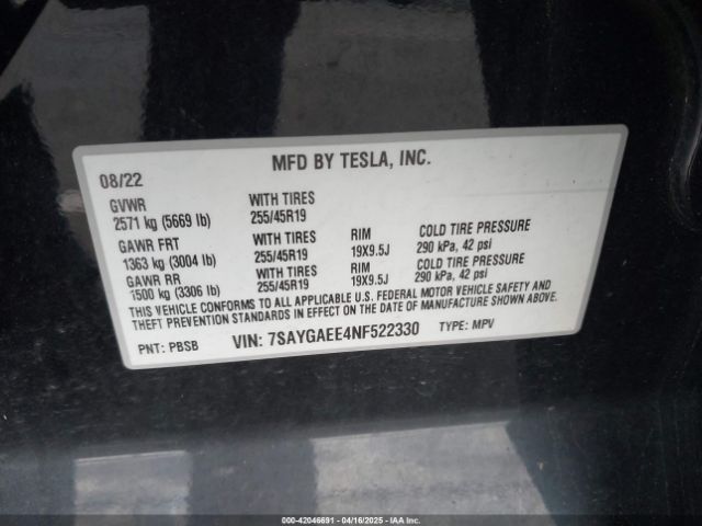 7SAYGAEE4NF522330 Tesla Model Y Long Range Dual Motor All-wheel Drive