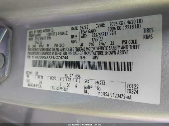 1FMCU0GXXFUC74744 Ford ESCAPE SE