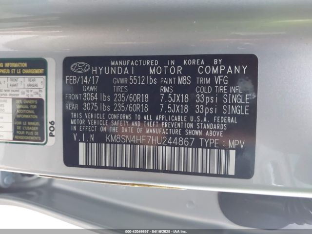 KM8SN4HF7HU244867 Hyundai Santa Fe Se