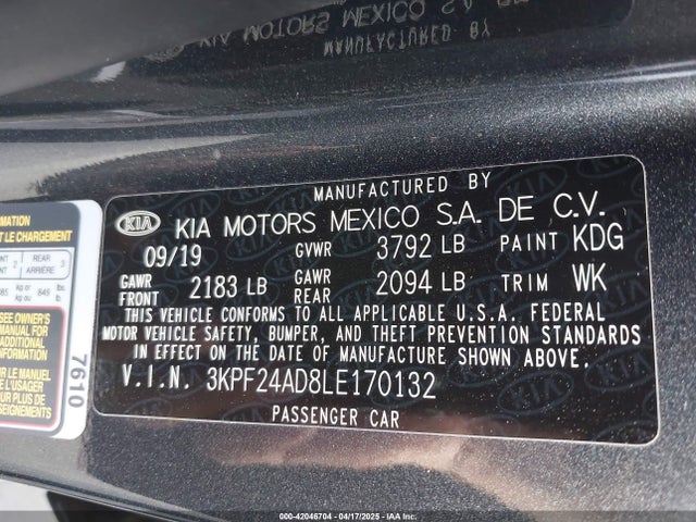 3KPF24AD8LE170132 KIA Forte Lxs