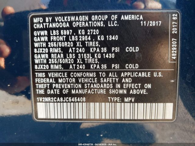 1V2NR2CA8JC545406 Volkswagen Atlas 3.6l V6 Sel Premium