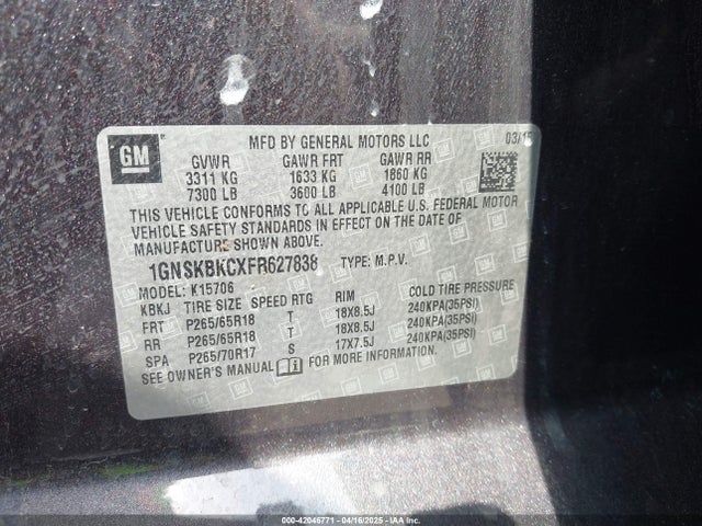 1GNSKBKCXFR627838 Chevrolet Tahoe Lt