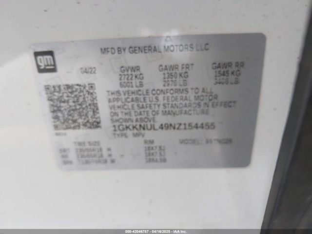 1GKKNUL49NZ154455 GMC Acadia Awd Slt