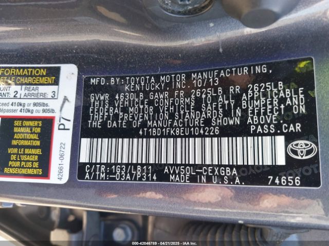 4T1BD1FK8EU104226 Toyota Camry Hybrid Xle