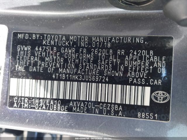 4T1B11HK3JU569724 Toyota CAMRY SE
