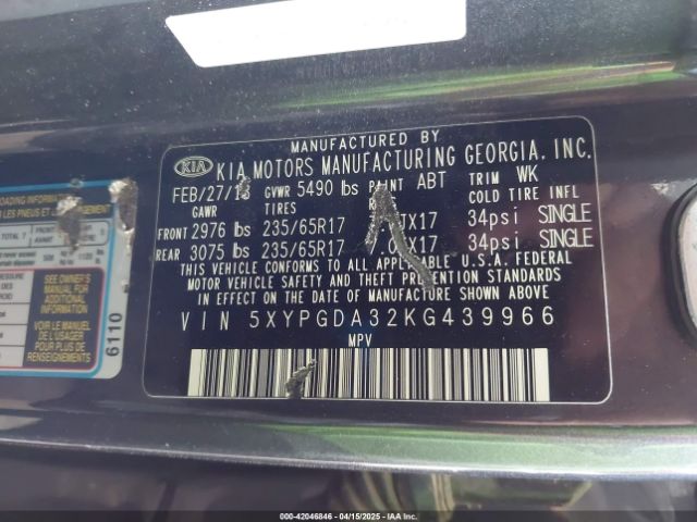 5XYPGDA32KG439966 KIA Sorento 2.4l Lx