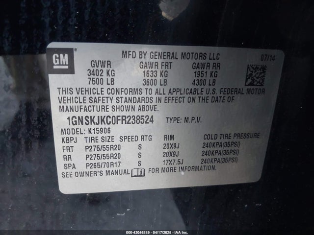 1GNSKJKC0FR238524 Chevrolet Suburban K1500 Lt