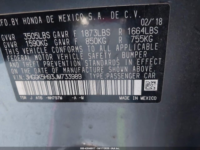 3HGGK5H93JM733989 Honda Fit Ex-l