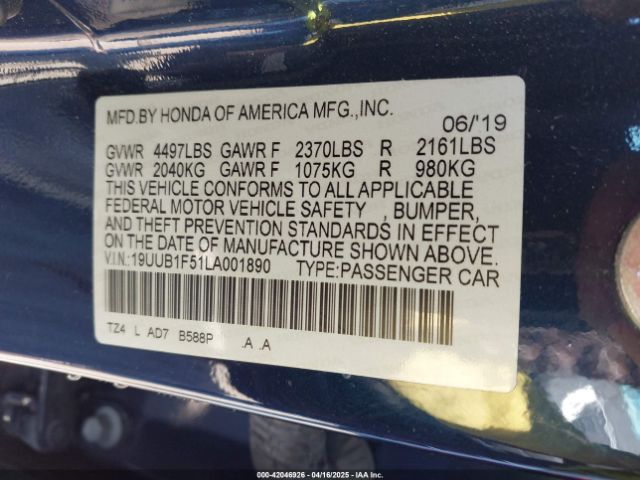 19UUB1F51LA001890 Acura Tlx Tech Package