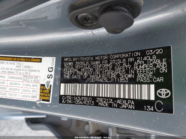 JTDEPRAE5LJ111853 Toyota COROLLA LE