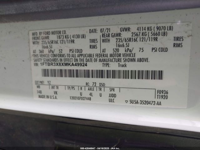 1FTBR3X8XMKA49924 Ford Transit-250 Cargo Van