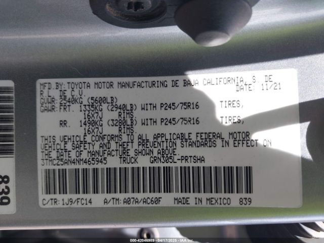 3TMCZ5AN4NM465945 Toyota Tacoma Sr5 V6