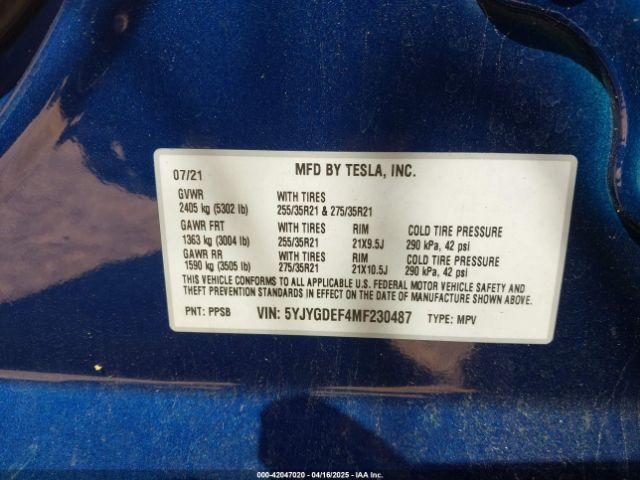 2021 TESLA MODEL Y 5YJYGDEF4MF230487 Photo 8