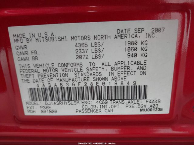 2008 MITSUBISHI GALANT 4A3AB36F28E019849 Photo 8