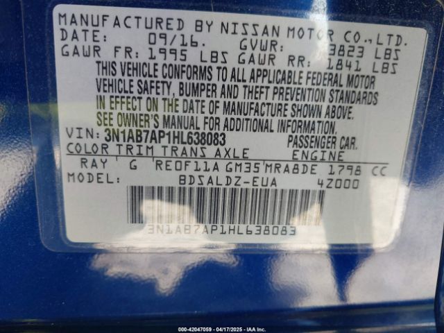 3N1AB7AP1HL638083 Nissan Sentra S/sl/sr/sv