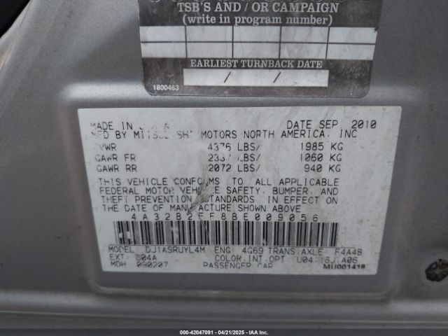 2011 MITSUBISHI GALANT 4A32B2FF8BE009056 Photo 8