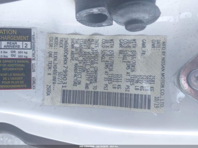 1N6AD0CW9KN799031 Nissan Frontier Sv
