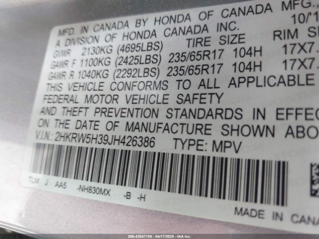 2HKRW5H39JH426386 Honda CR-V LX