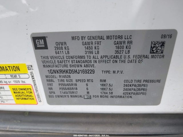 1GNKRHKD5HJ169229 Chevrolet Traverse 2lt