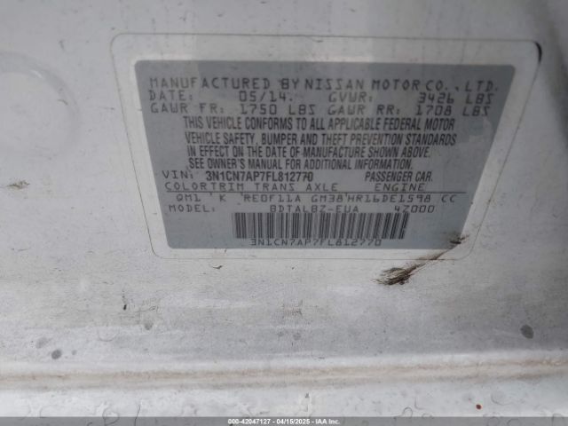 3N1CN7AP7FL812770 Nissan Versa 1.6 Sv
