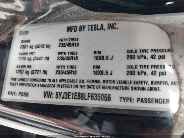 5YJ3E1EB8LF635066 Tesla Model 3 Long Range Dual Motor All-wheel Drive