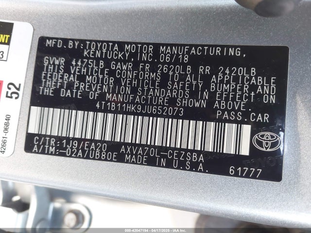4T1B11HK9JU652073 Toyota CAMRY SE