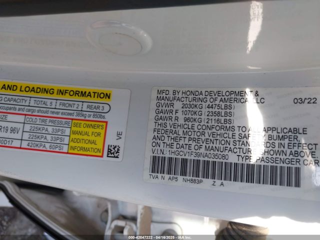 1HGCV1F39NA035080 Honda Accord Sport