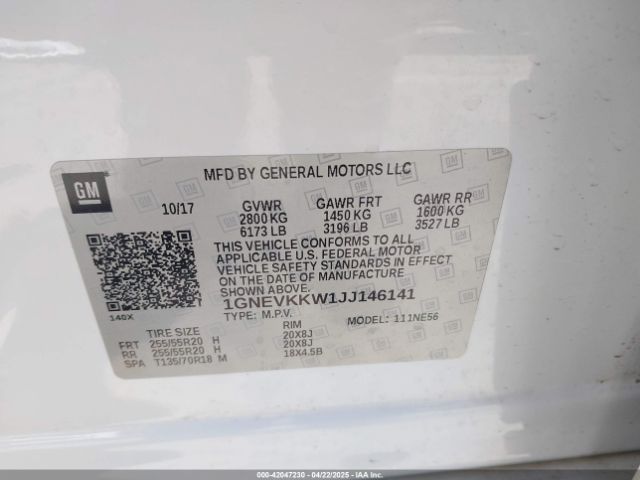 1GNEVKKW1JJ146141 Chevrolet Traverse High Country