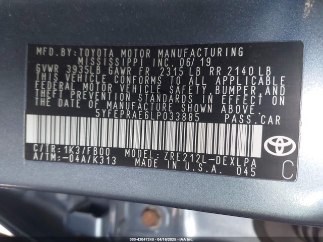 Toyota COROLLA LE 2020 5YFEPRAE6LP033885 Image 9