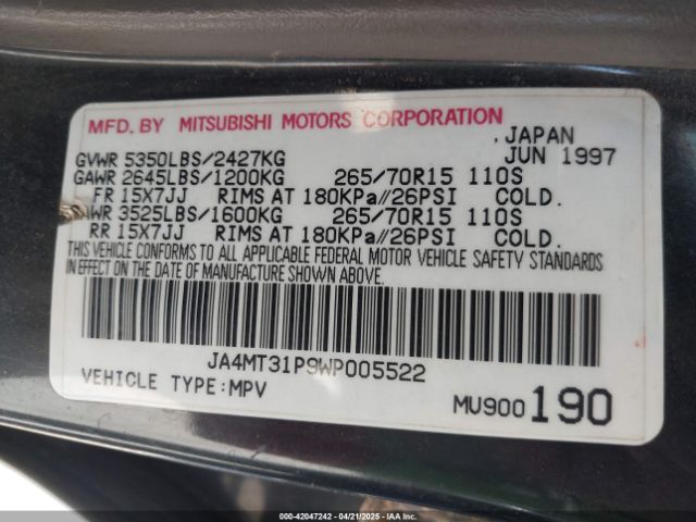1998 MITSUBISHI MONTERO SPORT JA4MT31P9WP005522 Photo 8
